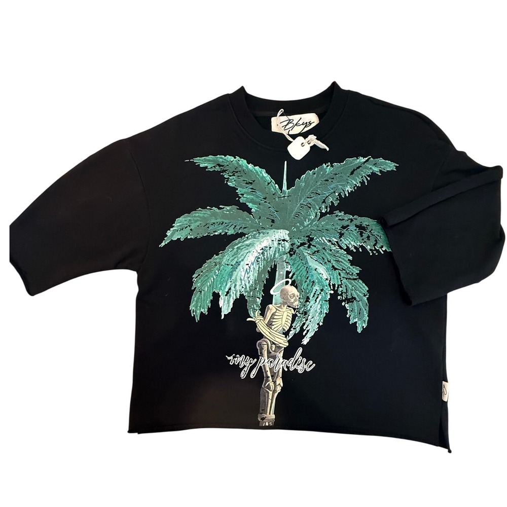 Bkys Men M My Paradise Skeleton‎ Palm Tree Graphic Short Sleeve Crop T Black